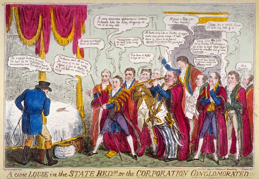 "Un pou civique dans le lit de l'État !!!" Les échevins de Londres et le maire de la ville, John Garratt, examinent un énorme pou sur le lit de Mansion House. 1824