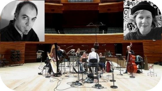 L'ensemble TM+ sous la dir de Laurent Cuniot et Muriel Ferraro à l'Auditorium de RF / En vignette Nicolas Tzortzis par M Zanaria et Camille Bloomfield