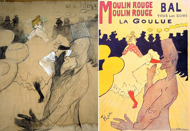Le dessin (à g) et l'affiche (à dr) pour le Moulin Rouge avec La Goulue et Valentin le désossé