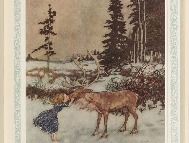 "Le renne déposa Gerda et lui baisa la bouche", dans La Reine des neiges, illustration Edmond Dulac