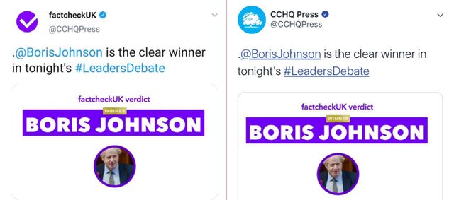 À gauche, le logo "FactCheckUK" utilisé pendant le débat ; à droite, le véritable nom et logo du service de presse des conservateurs