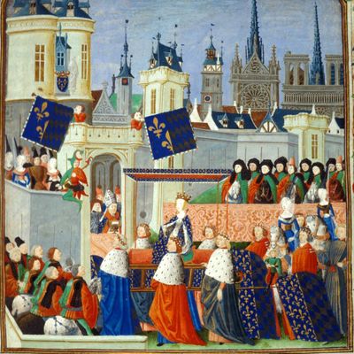 Enluminure représentant l'entrée de la reine Isabeau de Bavière à Paris le 22 août 1389, attribué à Philippe de Mazerolles (1454-1479)