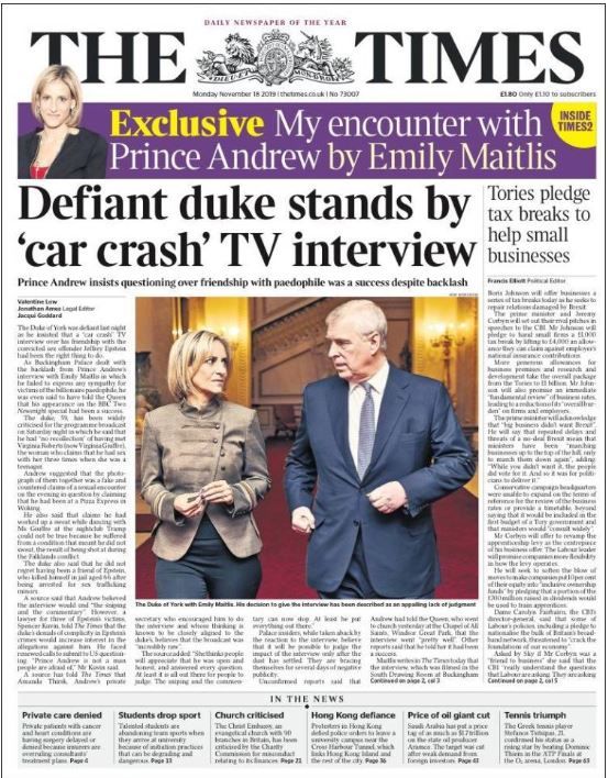 Dans le Times de ce lundi, le prince Andrew insiste sur le succès de son interview