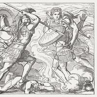 Apollon sauve Hector avant les attaques furieuses d'Achille. Scène de la mythologie grecque. Gravure sur bois, publiée en 1880.