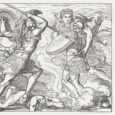 Apollon sauve Hector avant les attaques furieuses d'Achille. Scène de la mythologie grecque. Gravure sur bois, publiée en 1880.