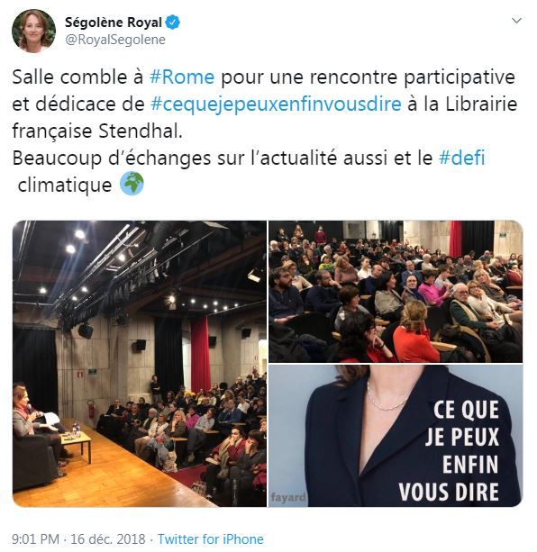 Tweet de Ségolène Royal le 16 décembre 2018 lors d’une dédicace de son livre Ce que je peux enfin vous dire, à Rome.