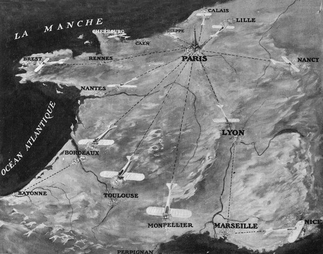 Carte de la France montrant l'organisation future de la poste aerienne en France en 1925. Composition d'Arnould Moreau