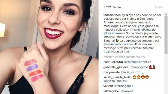 Une influenceuse pour l'Oréal - Capture d'écran Instagram