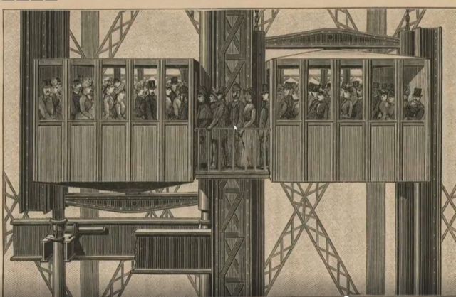 Dans l'ascenseur Edoux, entre le 2e et le 3e étage de la tour Eiffel, les passagers devaient changer de cabine en cours de route