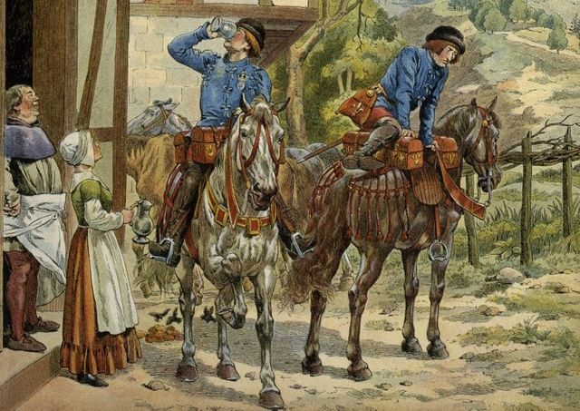 Service de poste sous le règne du roi de France Louis XI (1423-1483). Postiers à cheval s'arrêtant à une auberge. Illustration de Jacques Onfroy de Bréville, dit JOB (1858-1931)