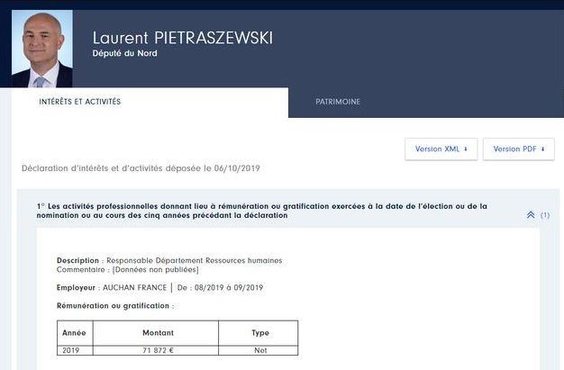 Capture de la déclaration de Laurent Pietraszewski à la Haute Autorité pour la Transparence de la Vie Publique.