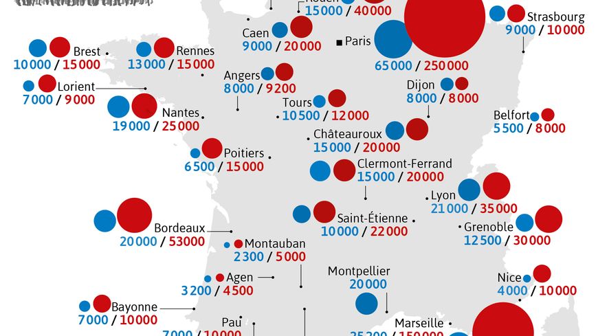 Le nombre de manifestants dans les grandes villes ce jeudi 5 décembre