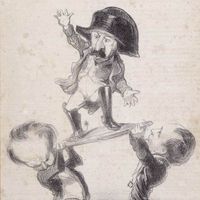 Caricature d'Honoré Daumier en 1851 « MM. Victor Hugo et Émile Girardin cherchent à élever le prince Louis sur un pavois, ça n’est pas très solide ! »