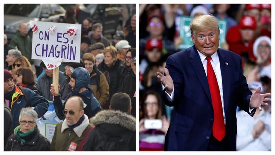 Manifestation contre la réforme des retraites à Lille le 10 décembre / Donald Trump lors d'un meeting de campagne dans le Michigan le 18 décembre ©AFP - JEFF KOWALSKY