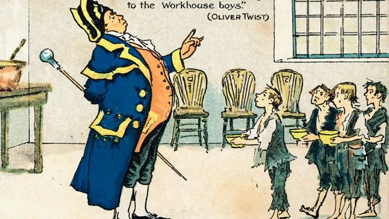 Carte postale tirée du roman "Oliver Twist" - "Bumble refuse de donner plus de porridge aux garçons de l'atelier" ©Getty - Michael Nicholson/Corbis