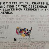 Première planche d'une série de cartes et diagrammes statistiques montrant la condition présentes des anciens esclaves africains actuellement établis aux Etats-Unis