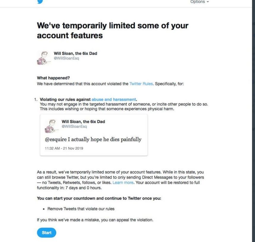 Will Sloan - suspension Twitter