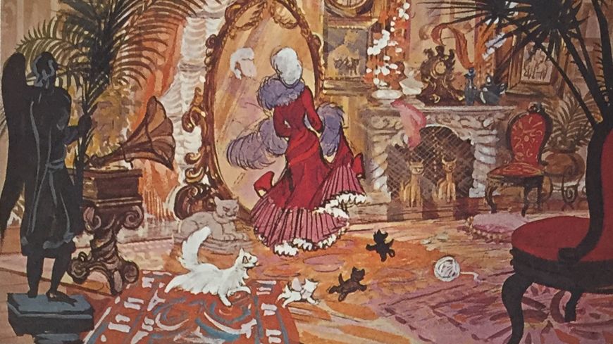 Esquisse de Ken Anderson pour "les Aristochats", extraite de "Notre ami Walt Disney" de Christopher Finch, (1977 éd. française - un document de la Bibliothèque de Radio France)