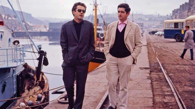 Michel Legrand et Jacques Demy sur le tournage des Parapluies de Cherbourg, 1963.
