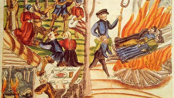 La persécution des sorcières - Exécution par le feu de Verena Trost, Barbara Meyer et Anna Lang à Bremgarten (1574) - Collection Johann Jakob Wick, Bibliothèque centrale de Zurich - Creative commons