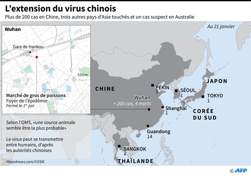 Carte des nombres de cas du nouveau virus apparu à Wuhan, en Chine