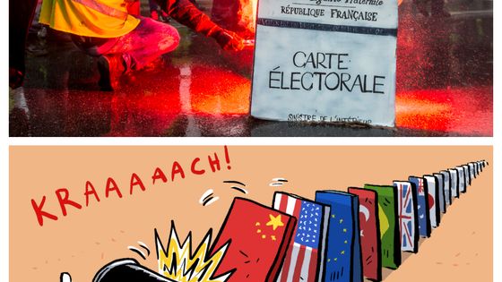 Manifestants Gilets Jaunes à Nantes en décembre 2018 // Faut-il redouter une nouvelle crise économique mondiale ? (dessin de Tommy Dessine) ©AFP - Sebastien SALOM-GOMIS / Tommy Dessine