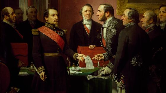 Napoléon III (1808-1873) remet le décret d’annexion des communes limitrophes de Paris au baron Georges Haussmann (1809-1891) en juin 1859. Détail d'un tableau d'Adolphe Yvon (1817-1893), France, XIXe siècle ©Getty - DEA / G. DAGLI ORTI / De Agostini Editorial