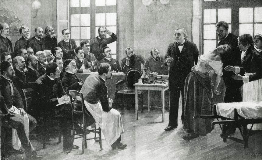 Démonstration d'hypnose sur une femme atteinte d'hystérie par le neurologue Jean-Martin Charcot, à l'hôpital de la Pitié-Salpêtrière, en 1885