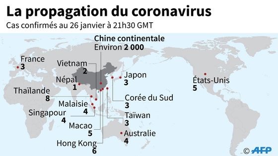 Carte montrant les pays et territoires où des cas du virus chinois ont été confirmés ©AFP - John SAEKI, STAFF
