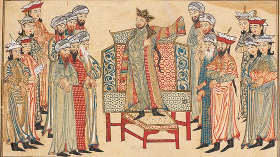 Le premier Ghaznavide indépendant reçois du calife abbasside al-Qadir une robe d’honneur richement décorées d’investiture pour les conquêtes en Inde en l’an 1000 JC, en 1000 - Miniature de Rashid al-Din de son kitab « Jami ‘al-Tawarikh »