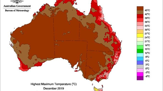 Australie : températures maximales en décembre 2019