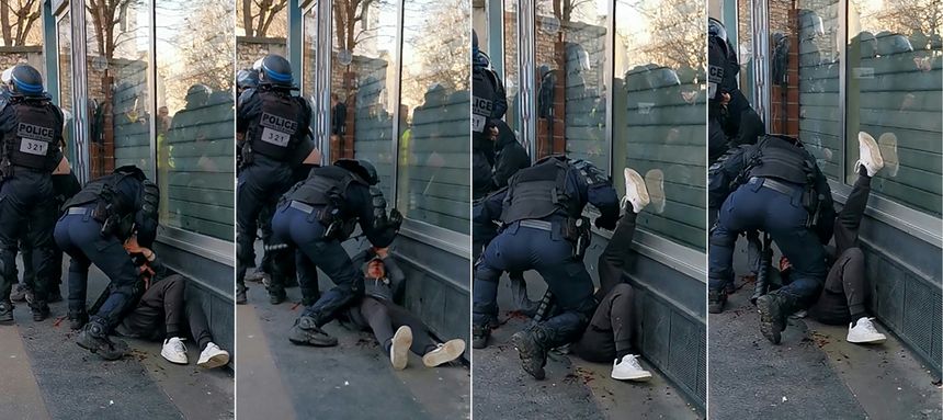 Quatre photos extraites de la vidéo prise par un témoin montrant un policier frappant un manifestant à terre le 18 janvier à Paris