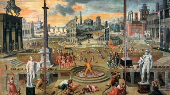Les Massacres du Triumvirat (1556) - Ce tableau attribué à Antoine Caron rend compte des massacres perpétrés par Antoine, Octave et Lépide après leur marche sur Rome en 43 av. J.-C. - Wikipedia