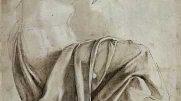 Michelangelo, Study for the drapery of the Erythraean Sibyl on the ceiling of the Sistine Chapel. Brown wash and pen and dark brown ink over a black chalk under-drawing. British Museum, London