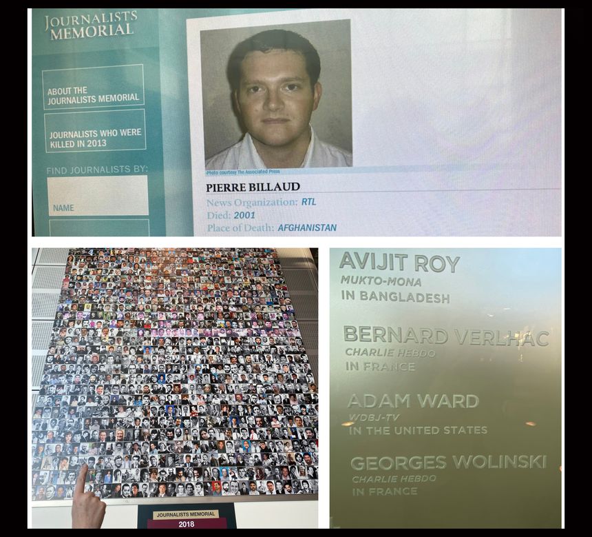 Le mémorial des journalistes tués dans l'exercice de leur profession, avec ici Pierre Billaud, de RTL, et Georges Wolinski, de Charlie Hebdo, parmi beaucoup d'autres. Dont dernièrement le Saoudien Jamal Khashoggi, assassiné à Istanbul fin 2018.