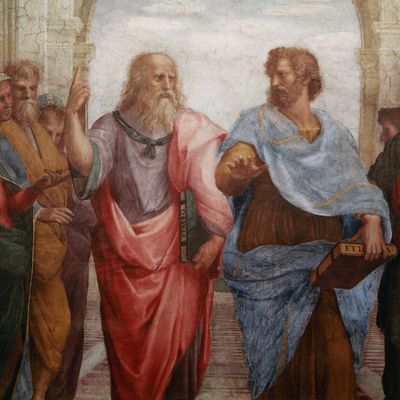 Platon tient dans sa main, "le Timée" et désigne le ciel, tandis qu'Aristote tient "L'Éthique" et désigne la terre, détail de "L'Ecole d'Athènes, par Raphael.