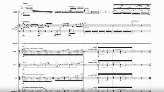 Extrait de la partition de Raphaël Cendo : Berlin toccata visible sur la chaîne Youtube Score Follower