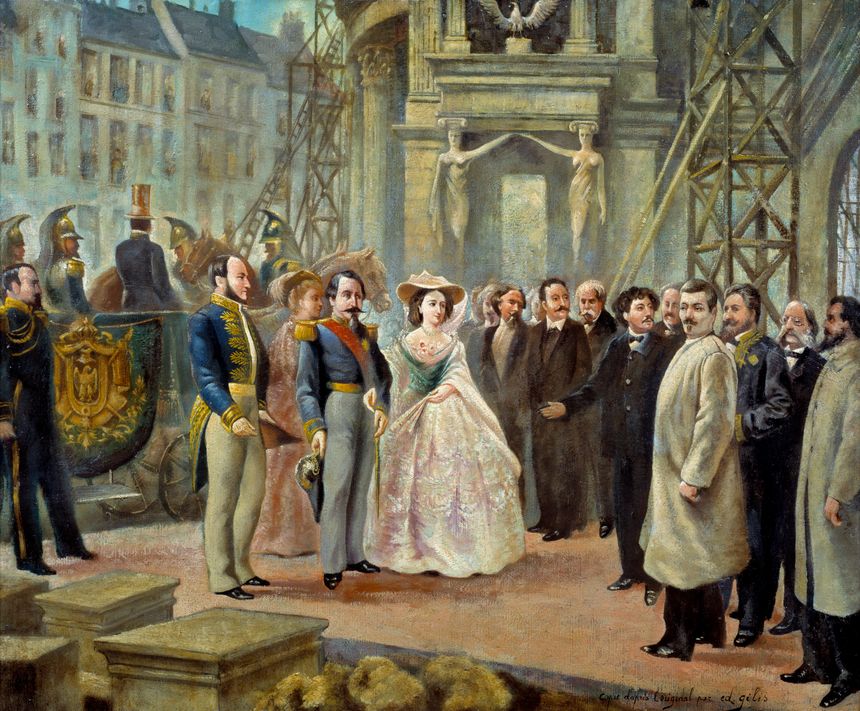 Napoléon III et l’impératrice Eugénie visitant le chantier de l’Opéra Garnier. A gauche de Napoléon III, le baron Haussmann et à droite de l’impératrice, Charles Garnier.