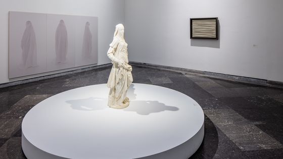 Vue de l'exposition Drapé, du 3 Self-Portrait of the Virgin Mary, 2000. A droite, au fond : Achrome, 1958 - © Lyon MBA - Photo Martial Couderette