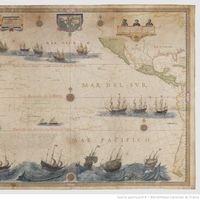 Carte marine de l'océan Pacifique sur parchemin, datant du XVIe siècle, faite par le cartographe et graveur Hessel Gerritsz (1581-1632)