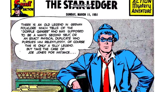 Denny Colt alias "The Spirit" enquête sur l'affaire intitulée "The Double Jones", extrait du journal "The Star Ledger", dimanche 11 mars 1951. - Will Eisner/site Comic Book Plus / Wikicommons