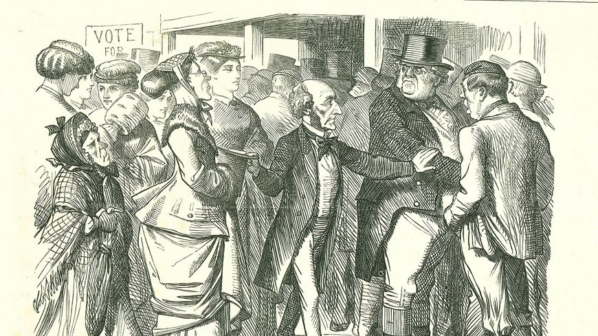 1867 : John Stuart Mill demande à John Bull indigné de laisser la place aux femmes pour voter. Mill, ardent défenseur de l'égalité des femmes, député de Westminster a proposé la modification du projet de loi de réforme de 1867 pour inclure les femmes