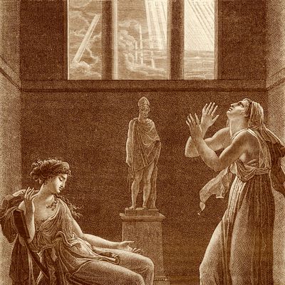 Phèdre, pièce de Jean Racine (1639-1699). Gravure signée Huot représentant Phèdre et sa confidente Oenone pendant l'Acte I. Première représentation en 1677