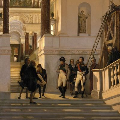 "Napoléon Ier visitant l'escalier du Louvre sous la conduite des architectes Percier et Fontaine", d'Auguste Couder (1833)