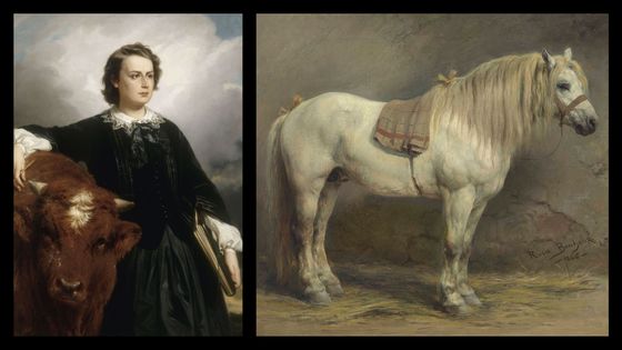 Gauche : Rosa Bonheur avec un boeuf par EL Dubufe. Droite : Rosa Bonheur : Un cheval blanc