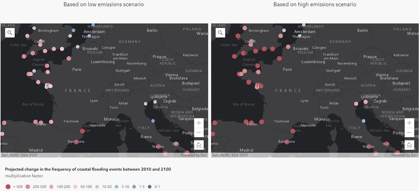 Évolution de la fréquence des épisodes d'inondations côtières entre 2010 et 2100.
