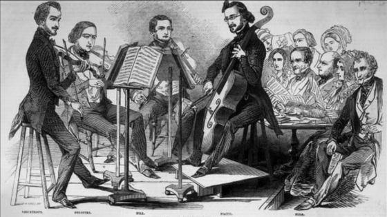 27 juin 1846: de gauche à droite; le violoniste Henri Vieuxtemps avec d'autres membres d'un quatuor, Deloffre, Hill et le violoncelliste Alfredo Piatti jouant dans un concert de musique de chambre dans une série connue sous le "Union musicale" ©Getty - HultonArchive / Illustrated London News