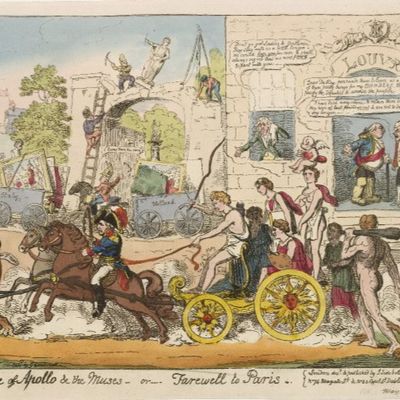 Le démembrement du Louvre en 1815, vu par la caricature anglaise : "Le départ d'Apollon et des Muses" ou "Adieu Paris" (British Museum )