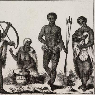 Bantous, lithographie, Galerie histoire de tous les peuples, coutumes, religions, rituels, gouvernements de toute la terre), Volume II, Planche XLIII, publié par Giuseppe Antonelli, 1838, Venise.