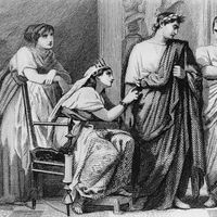 Bérénice et Titus, Acte II de Bérénice, tragédie de Racine. Gravure de Valentin Foulquier, 1876-1877, Tours